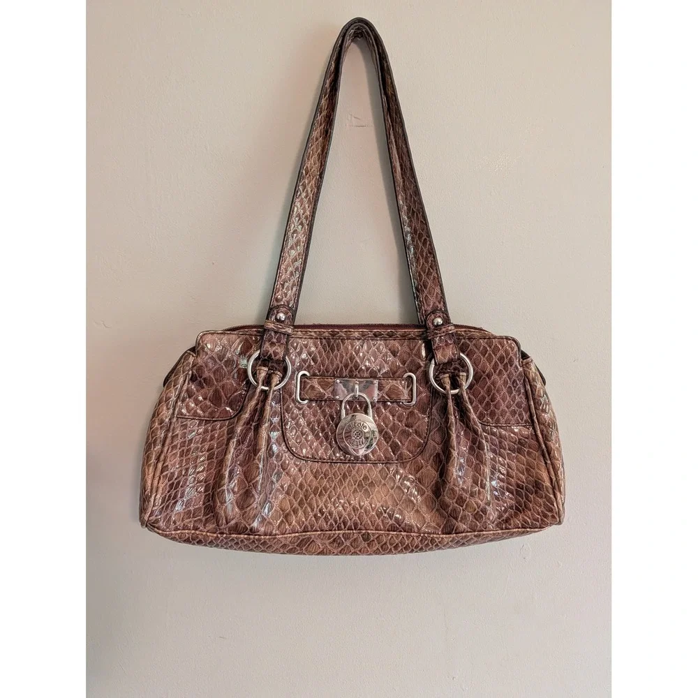 Vintage Y2K Nicole Miller Crocodile Shoulder Bag Brown Padlock Satchel